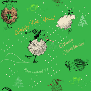 圣诞绿与绵羊无缝纹理