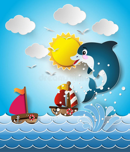 阳光下大海中海豚的插图。