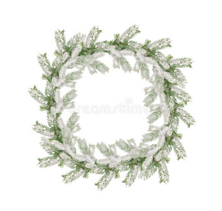 白色背景上孤立的被雪覆盖的圣诞树树枝的花环