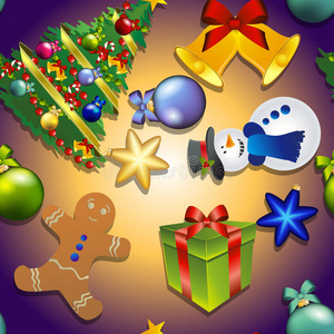 新年图案与雪人，圣诞树，姜饼人。礼物和铃，弓