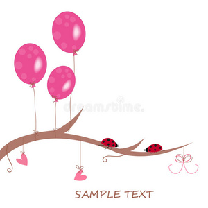 粉红色气球，彩色丝带和瓢虫背景