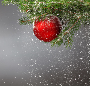 圣诞树覆盖着雪，装饰着红球