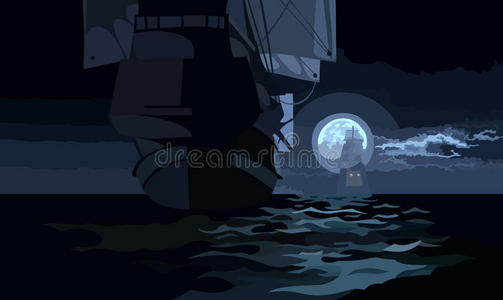 在海上的月夜里扬帆的船