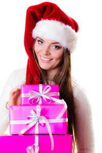 圣诞老人女助手帽子和许多粉红色的礼品盒