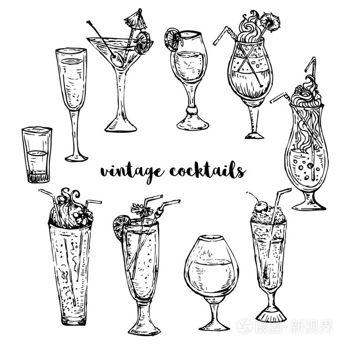 老式鸡尾酒的集合.复古手绘矢量图