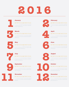 2016 年，海报日历矢量设计打印模板