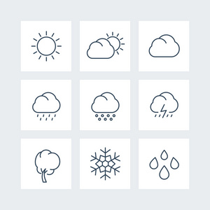 天气行图标，晴天，阴天，雨 冰雹 雪 风 矢量图