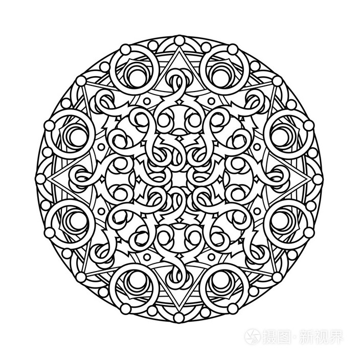轮廓,单色的曼荼罗.民族, 宗教的设计元素与圆形图案插画-正版商用图