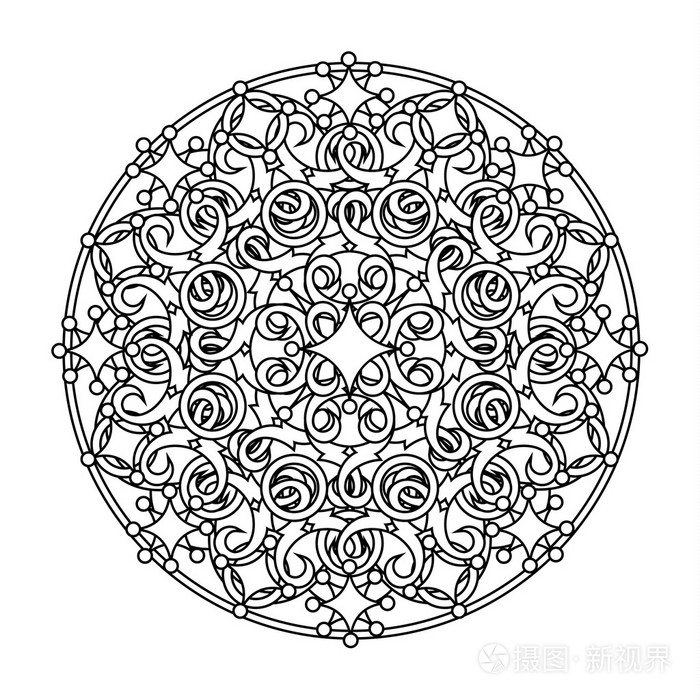轮廓,单色的曼荼罗.民族, 宗教的设计元素与圆形图案插画-正版商用图