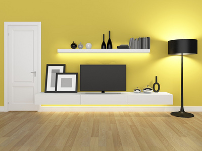 黄色客厅电视柜和书架渲染