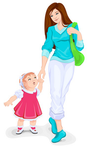 母亲和小孩走路。年轻的母亲和小孩