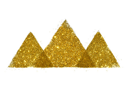 三个抽象三角形或金字塔的金色闪光闪光在白色背景上