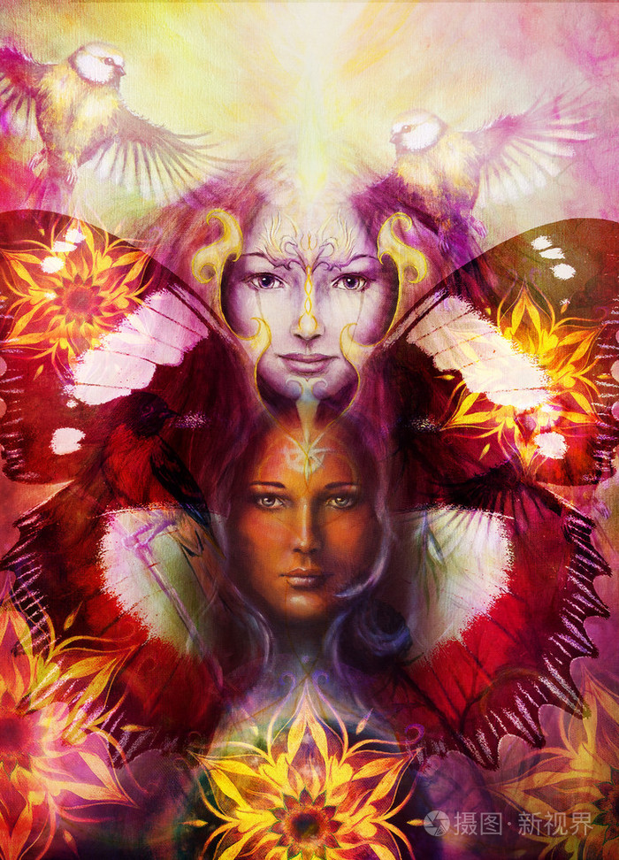 绘画的女神与鸟凤凰与观赏曼荼罗和蝴蝶翅膀和色彩抽象背景和目光接触