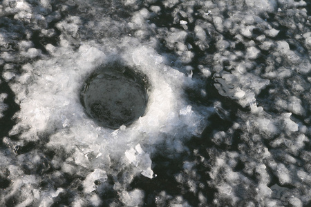 冰下捕鱼在江面上的孔
