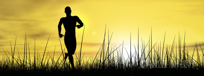 概念人类男性或年轻男子黑色剪影跑步快乐夏季草在日出或日落时背景