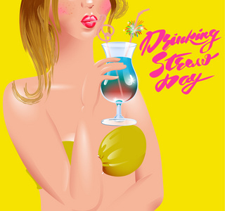 世界上的海报，与女孩一起喝她的鸡尾酒