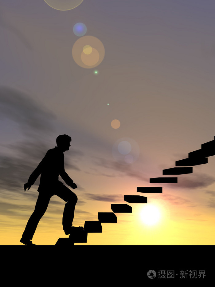 概念或概念 3d 男性商人上楼梯或在落日的天空背景的步骤
