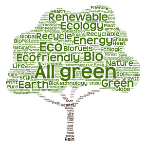 概念的绿树生态 循环或能源由文字组成的作为孤立的白色背景上的 wordcloud