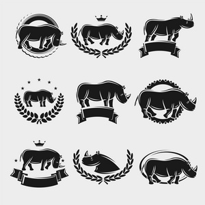 犀牛的标签和图标集。矢量