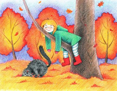 一个女孩和猫在秋天的公园