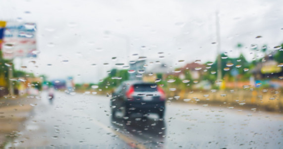 模糊图像的内部汽车，以看到道路在下雨与博凯的背景使用。