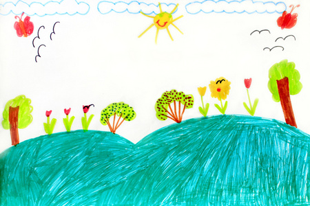 用树木和鲜花画画的孩子们