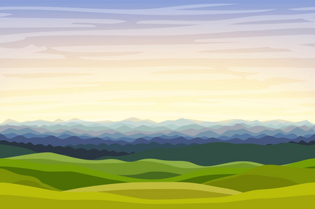 绿色丘陵的卡通矢量水平景观背景