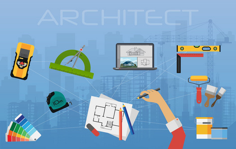 建筑师建筑规划和创建进程。建筑项目，技术概念顶视图