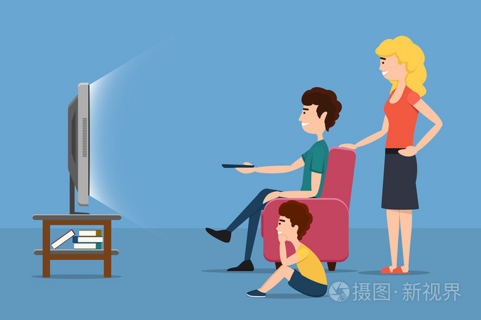 家人看电视矢量平面图