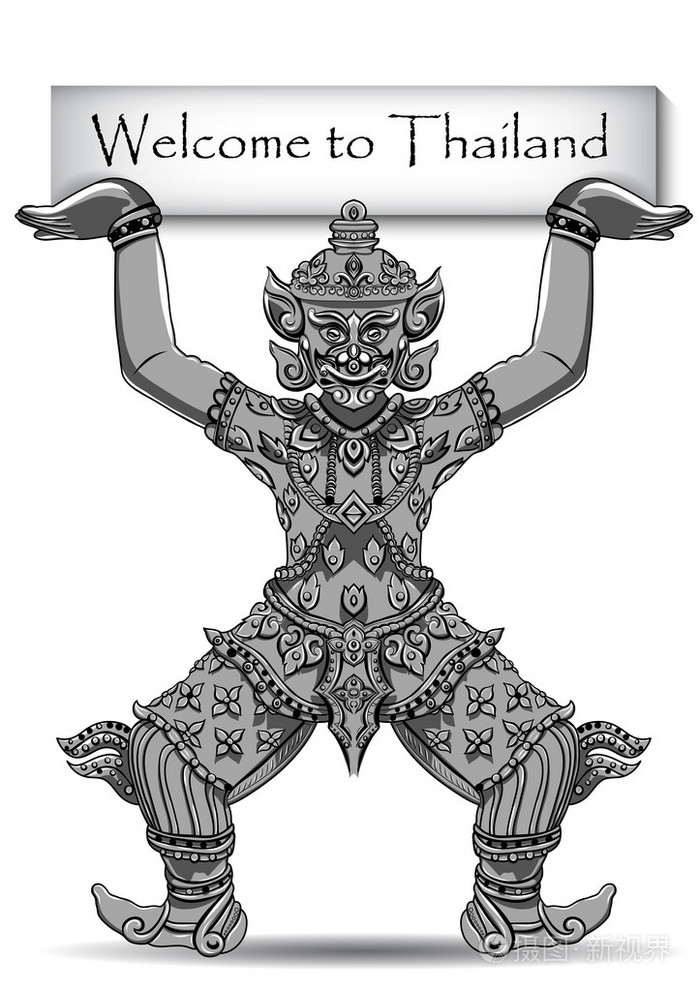 罗刹泰国雕像分离与文本的白色背景上的黑色轮廓印度阿拉伯语伊斯兰