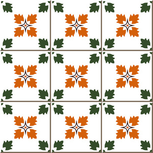 绿色橙色方形花摩洛哥的老式无缝墙砖