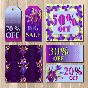 大销售可打印卡模板与紫色虹膜花设计。