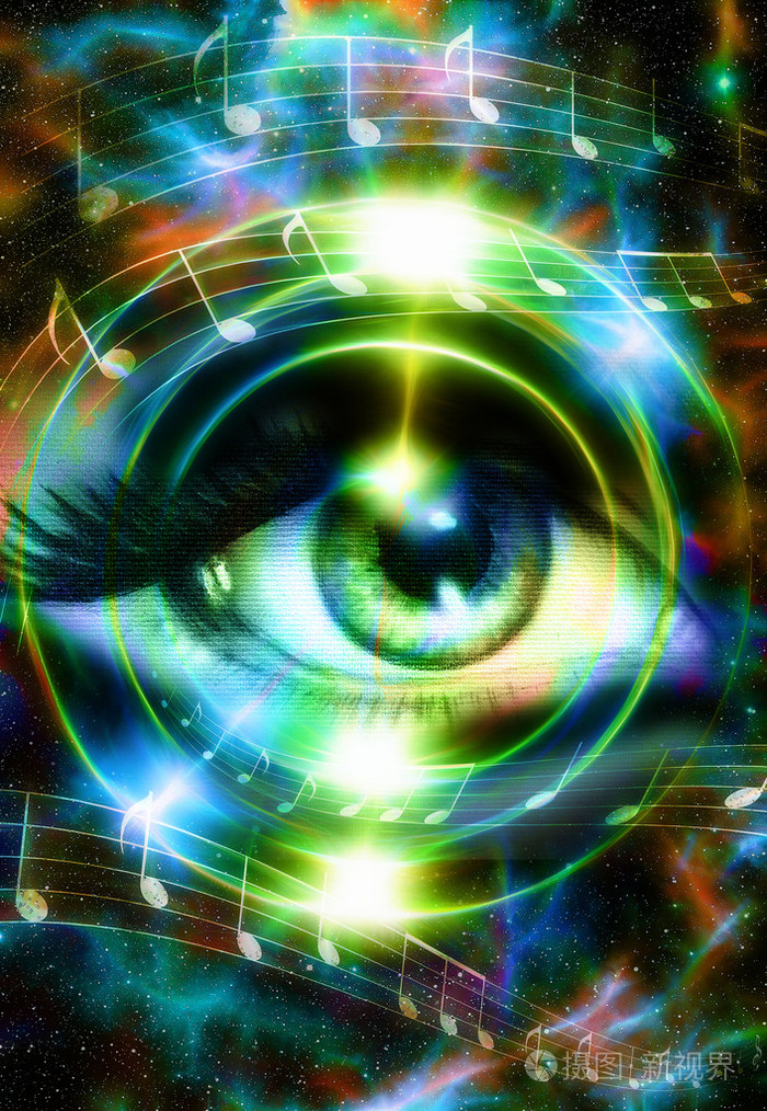 女人的眼睛和星星和圆光, 宇宙, 空间.抽象色彩背景,眼神的交流