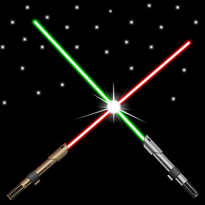 新设计红色和绿色的夜晚的天空背景上越过光之剑.矢量图照片