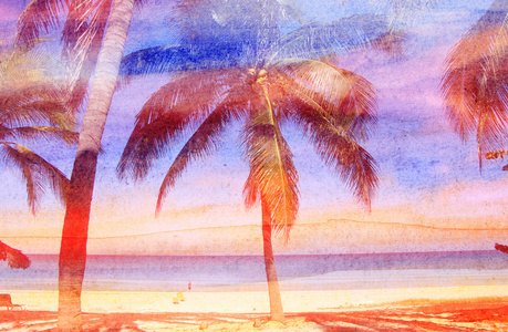 水彩复古棕榈树