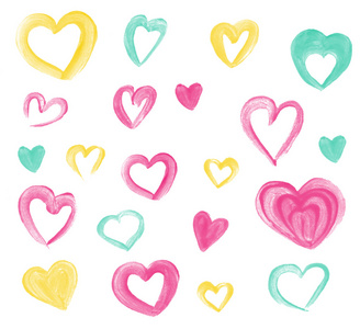 快乐的情人节套装，粉红色的黄色和薄荷手画的心。