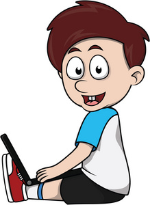 男孩用笔记本电脑卡通插图照片