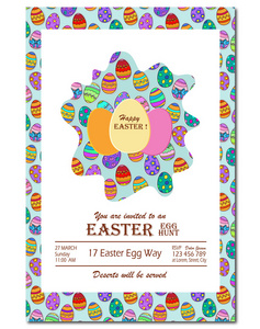 快乐的复活节的邀请卡。复活节矢量背景。鸡蛋贴纸