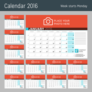 2016 年的日历。矢量设计日历计划模板与照片的地方。每周从星期一开始。组的 12 个月