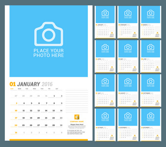 墙上的月度日历计划 2016 年。矢量设计打印模板与地方为照片和笔记。周从星期日开始。组的 12 个月