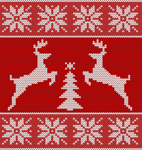 水平的无缝针织的图案。跳跃的圣诞树和雪花的驯鹿。红色风格