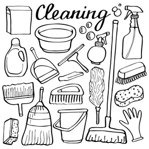 手绘卡通集合的房子清洁的东西.涂鸦画照片