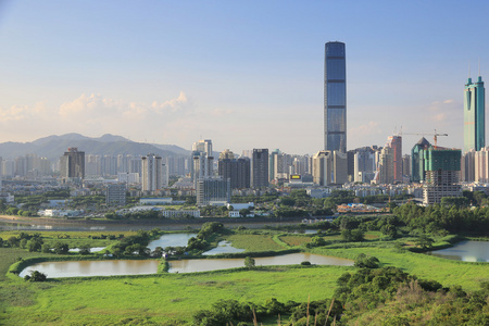 乡村 房屋 反射 摩天大楼 市中心 广东 城市景观在新界东北部,hong