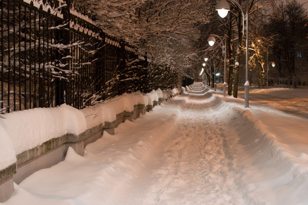 城市里的雪夜小路。明亮的灯笼灯。水平视图
