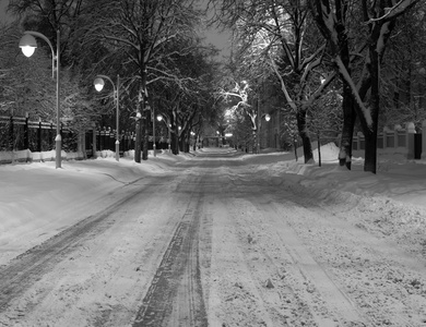 夜间雪天的道路灯与灯笼。水平视图。黑色和白色