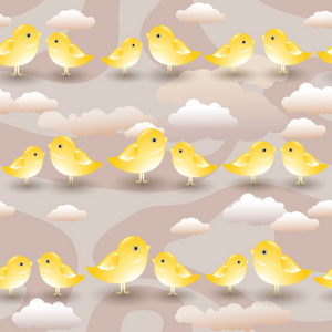 黄色的卡通鸟与云矢量无缝模式