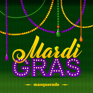 Mardi Gras 党海报。书法和排版卡珠流苏和百合花象征。节日海报或海报模板