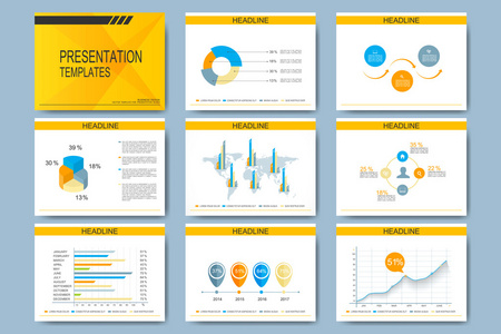 多用途的演示文稿幻灯片的矢量模板集。现代商业设计图形和图表