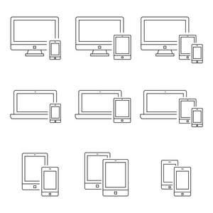 智能手机，台式计算机 笔记本电脑和平板电脑在细线样式
