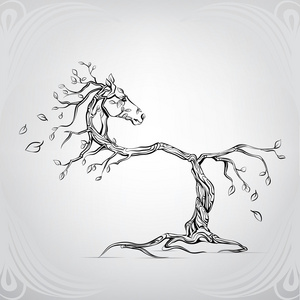 马从树的剪影